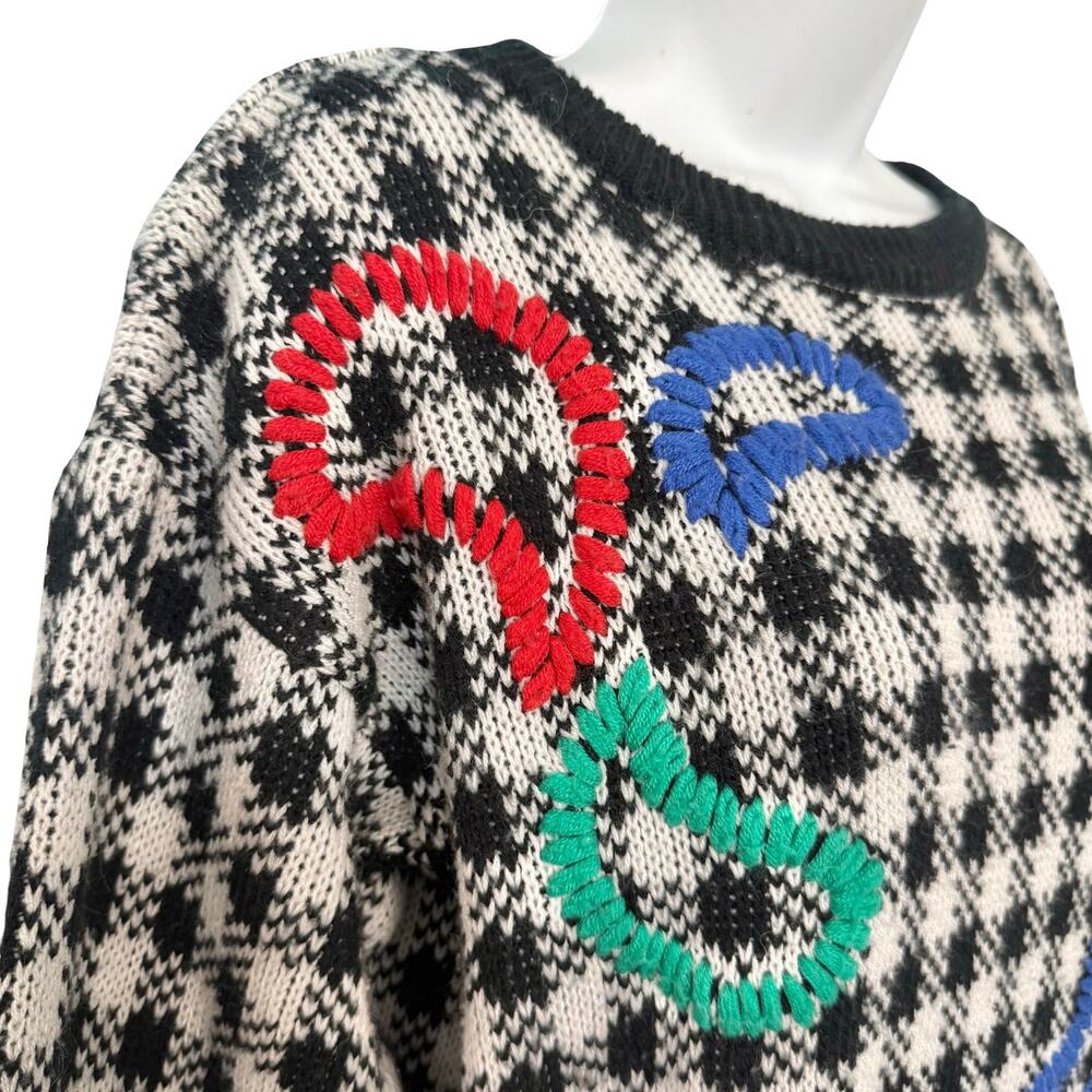 Vintage Black White Check Wide Stitch Rainbow Detail Crew Neck Sweater size S - Picture 9 of 11